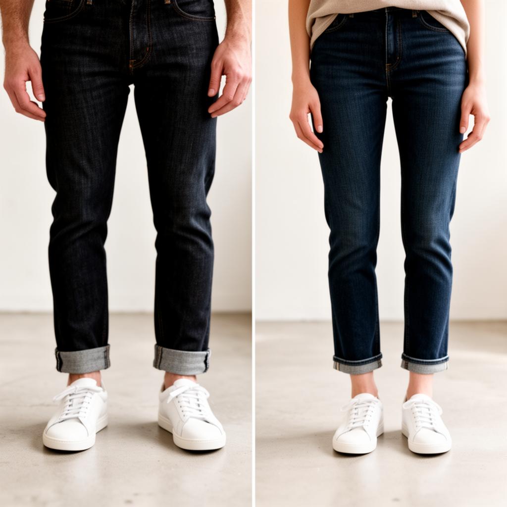 The same man and woman in dark denim jeans hemmed cleanly to rest at the top of their white sneakers
