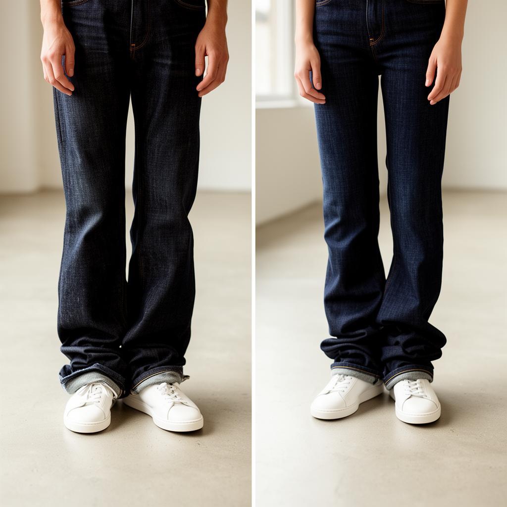 A man and a woman in dark denim jeans that are too long, bunching messily over white sneakers