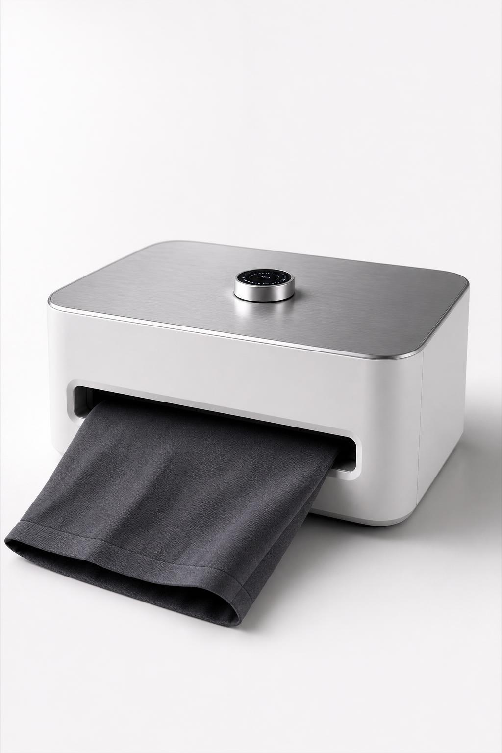 HemMate countertop hemming appliance, brushed aluminum and matte white