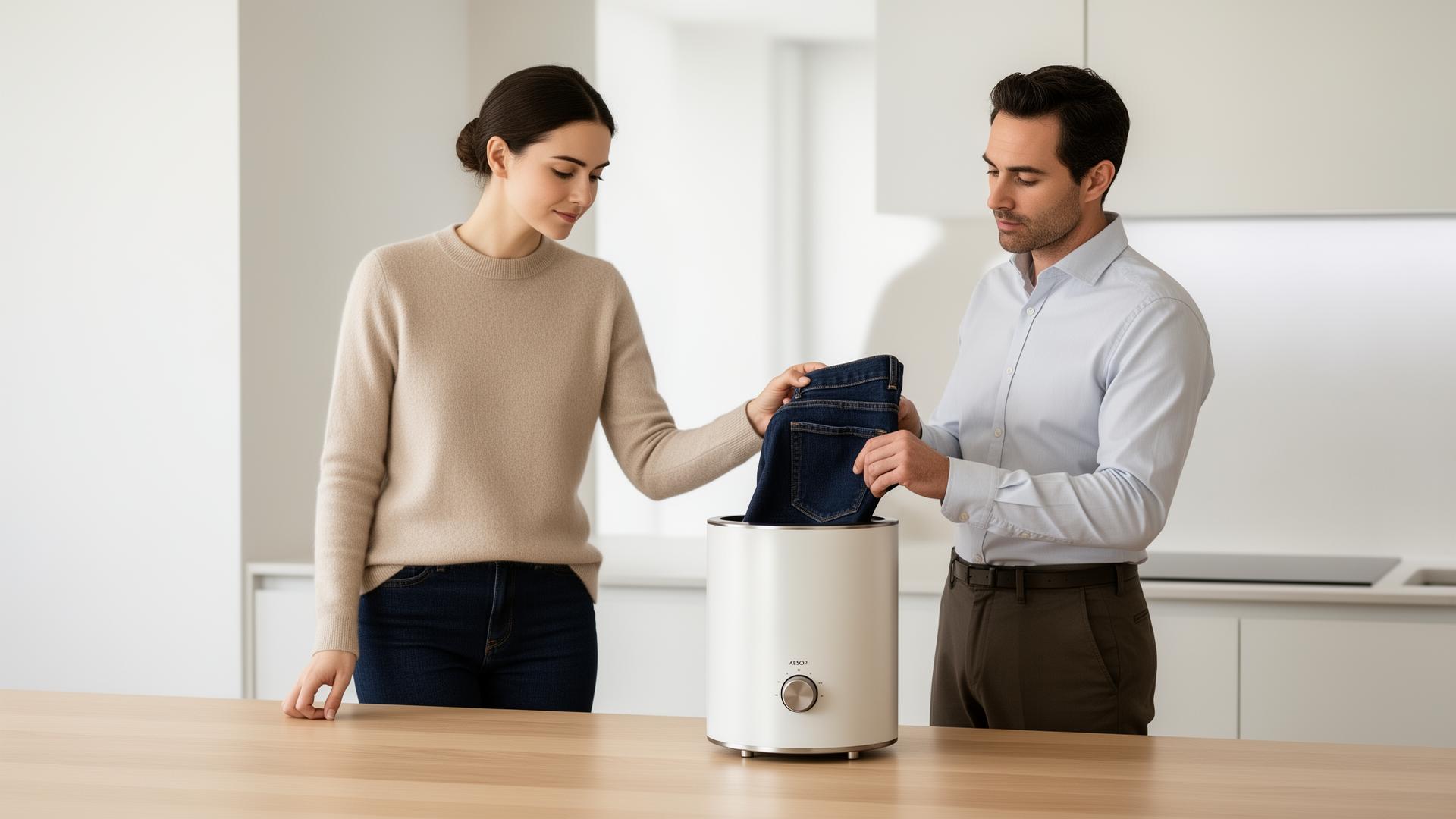 A man and a woman in a bright modern kitchen using HemMate to hem a pair of dark denim jeans