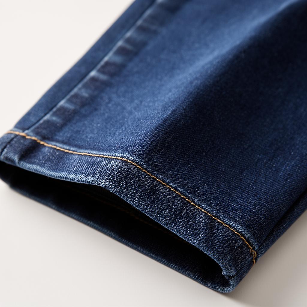 Macro close-up of a perfectly finished hem on dark denim