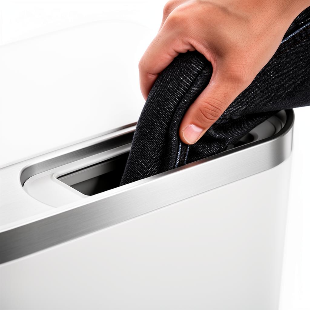 A hand inserting a denim pant leg into HemMate's fabric intake slot